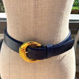 Vintage 80s 90s Town & Country Navy Leather Gold buckle Statement Waist Belt